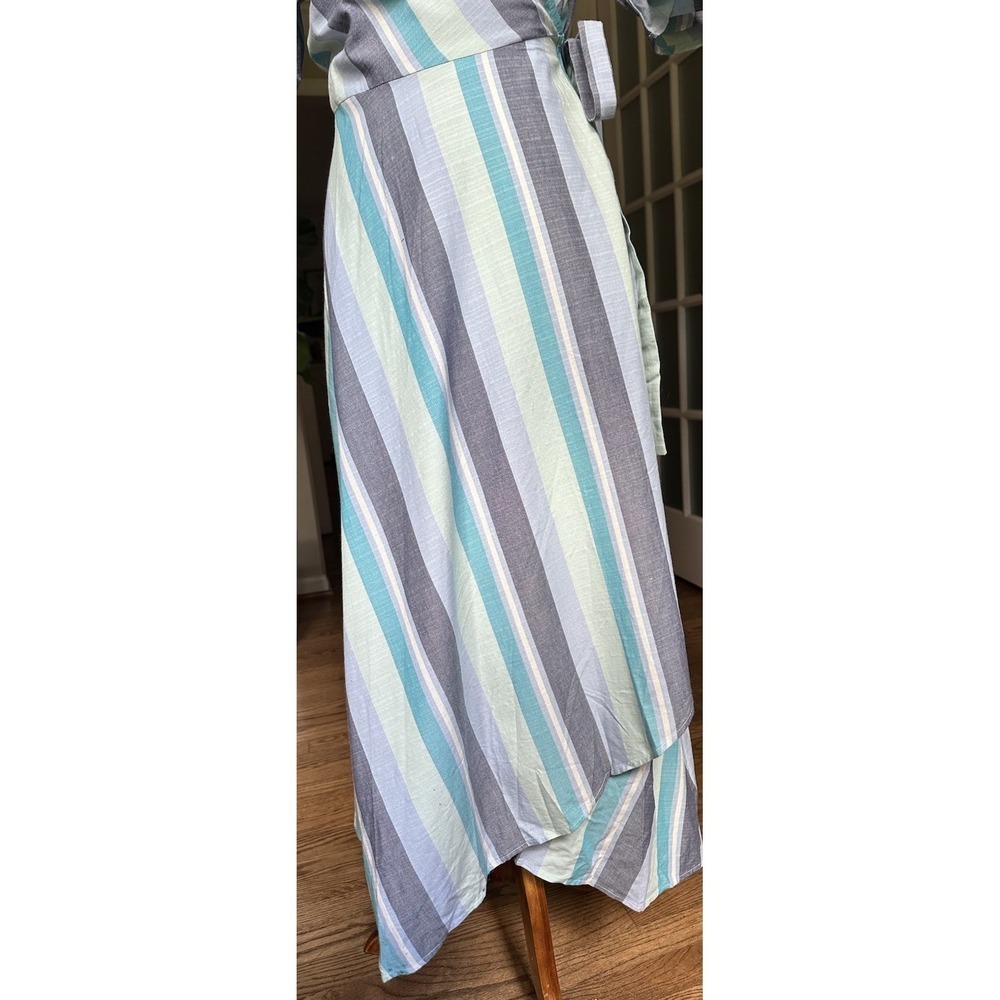 B Collection by Bobeau Orna Wrap Dress Blue Striped Midi Sleeveless M - Picture 7 of 12